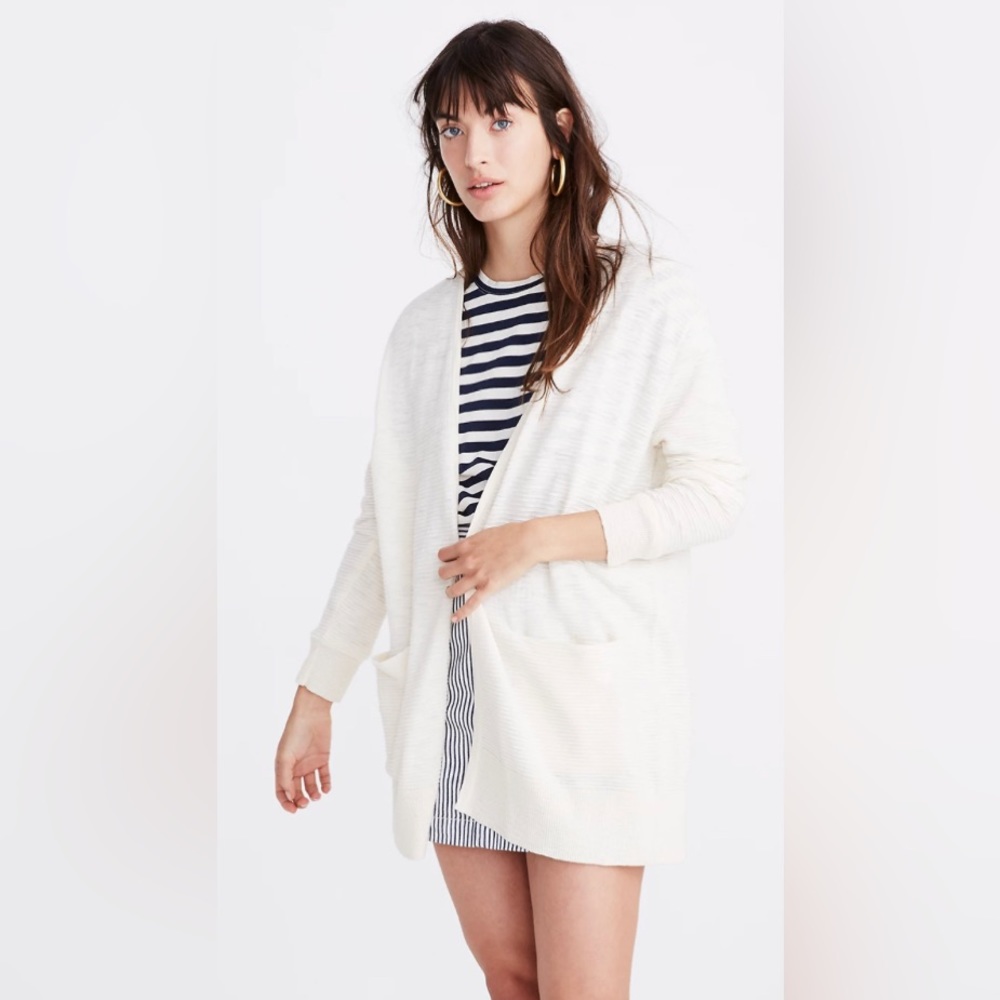 Madewell Ryder sweater lightweight stripe front pockets open cardigan ivory